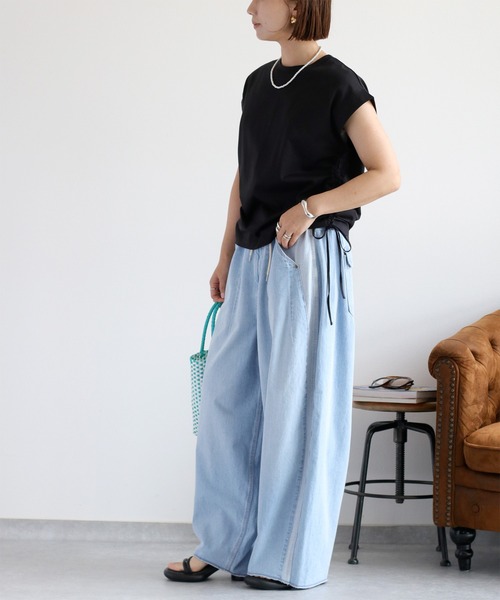 cepo（セポ）の「〈さらっと涼しい、シルキータッチ♪〉シルケットスソドロストノースリーブTee（Tシャツ/カットソー・レディース・ブラック/オフホワイト/ブラウン・M）」の17枚目の写真