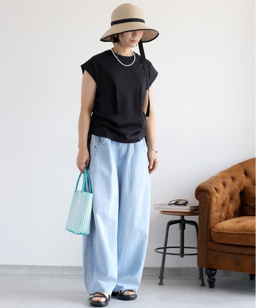 cepo（セポ）の「〈さらっと涼しい、シルキータッチ♪〉シルケットスソドロストノースリーブTee（Tシャツ/カットソー・レディース・ブラック/オフホワイト/ブラウン・M）」の19枚目の写真