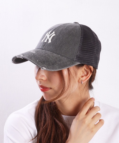 【新品】MLB KOREA ダメージキャップ　ダークグレー 新品】MLB KOREA ダメージキャップ ダークグレー MLB Korea