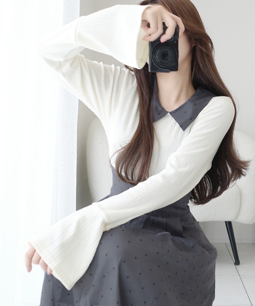mily bilet(ミウィビレット)の「【mily bilet】【新色ブラウン追加】清楚見えする切り替え配色フレア袖ドッキングワンピース(ロング丈)(ワンピース・レディース・ブラック/アイボリー/ネイビー/ピンク/ブラウン・LARGE/MEDIUM/SMALL/X-LARGE)」の9枚目の写真