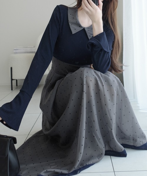 mily bilet(ミウィビレット)の「【mily bilet】【新色ブラウン追加】清楚見えする切り替え配色フレア袖ドッキングワンピース(ロング丈)(ワンピース・レディース・ブラック/アイボリー/ネイビー/ピンク/ブラウン・LARGE/MEDIUM/SMALL/X-LARGE)」の15枚目の写真