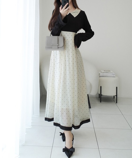 極美品】トクコプルミエヴォル 洗える 花柄 切替 ドッキングワンピース