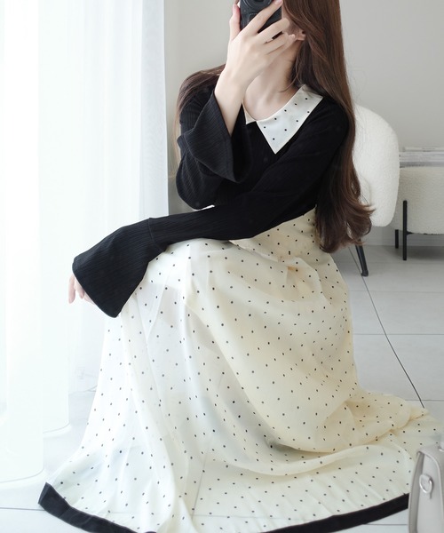 mily bilet(ミウィビレット)の「【mily bilet】【新色ブラウン追加】清楚見えする切り替え配色フレア袖ドッキングワンピース(ロング丈)(ワンピース・レディース・ブラック/アイボリー/ネイビー/ピンク/ブラウン・LARGE/MEDIUM/SMALL/X-LARGE)」の10枚目の写真