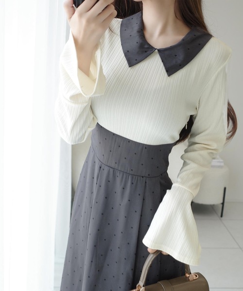 mily bilet(ミウィビレット)の「【mily bilet】【新色ブラウン追加】清楚見えする切り替え配色フレア袖ドッキングワンピース(ロング丈)(ワンピース・レディース・ブラック/アイボリー/ネイビー/ピンク/ブラウン・LARGE/MEDIUM/SMALL/X-LARGE)」の6枚目の写真