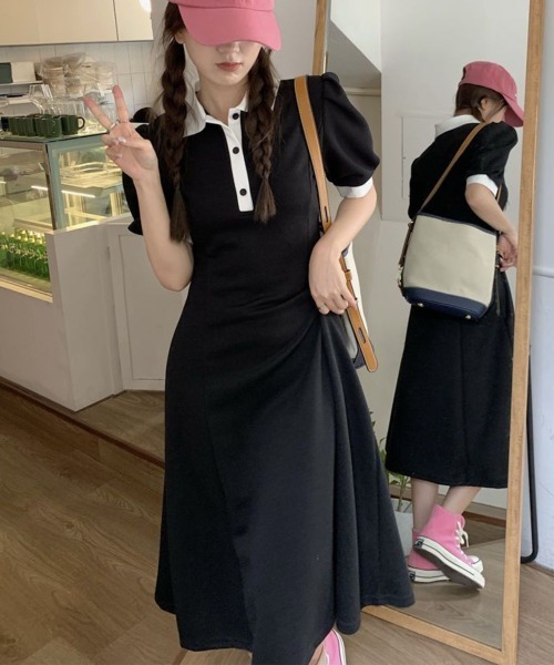 VIVID LADY(ビビッドレディー)の「配色切替ポロカラー ロングワンピース(ワンピース・レディース・グレー/ブラック・MEDIUM/LARGE)」の3枚目の写真