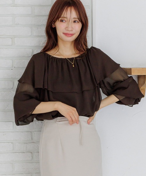 mysty woman（ミスティウーマン）の「2WAY楊柳シアーブラウス　588567（シャツ/ブラウス・レディース・ダークブラウン/オフホワイト/モカ・FREE）」の3枚目の写真