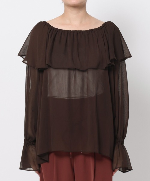 mysty woman（ミスティウーマン）の「2WAY楊柳シアーブラウス　588567（シャツ/ブラウス・レディース・ダークブラウン/オフホワイト/モカ・FREE）」の10枚目の写真