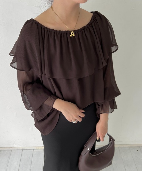 mysty woman（ミスティウーマン）の「2WAY楊柳シアーブラウス　588567（シャツ/ブラウス・レディース・ダークブラウン/オフホワイト/モカ・FREE）」の8枚目の写真