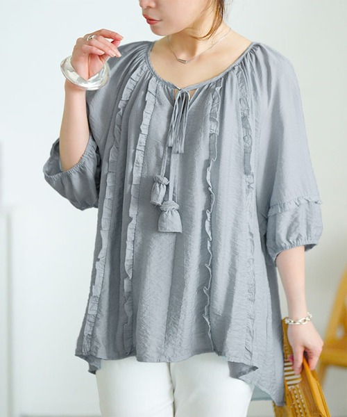 GOLDJAPAN(ゴールドジャパン)の「リボンスキッパーフリルブラウス【大きいサイズ対応】(シャツ/ブラウス・レディース・ブルー/ブラック/オフホワイト・5L/4L/3L/LL)」の3枚目の写真
