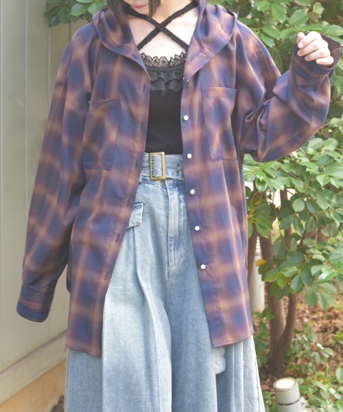 axes femme（アクシーズファム）の「フード付きチェックシャツ（シャツ/ブラウス・レディース・ブラック/ベージュ/ネイビー・FREE）」の3枚目の写真