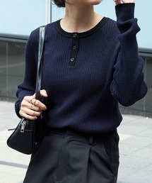 MONO-MART | 配色 ヘンリーネック プルオーバーリブニット(ニット/セーター)