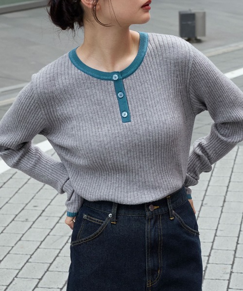 リピーター出品 セール】配色 ヘンリーネック プルオーバーリブニット（ニット