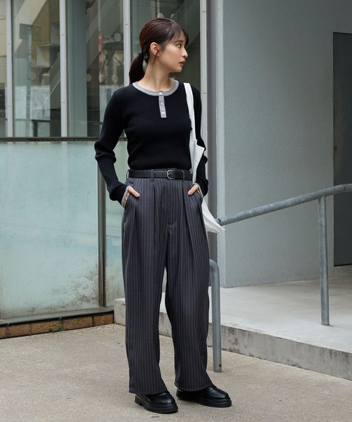 配色 ヘンリーネック プルオーバーリブニット MONO-MART│MONO-MART