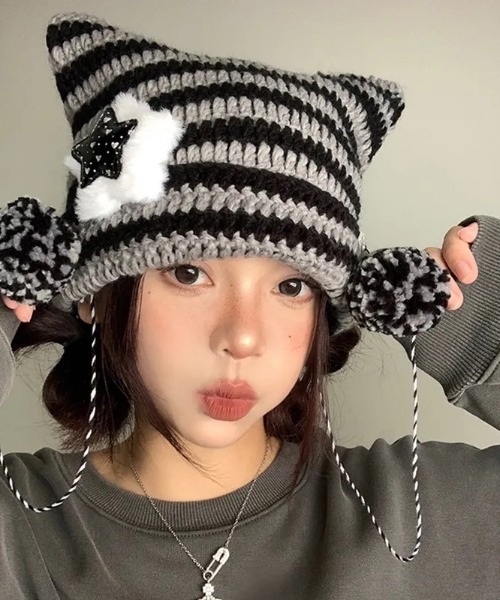 セール】星チャーム付きネコ耳ボーダーニット帽（5カラー）（ニット