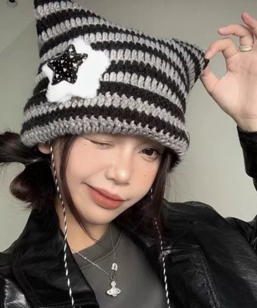 セール】星チャーム付きネコ耳ボーダーニット帽（5カラー）（ニット