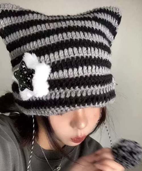 セール】星チャーム付きネコ耳ボーダーニット帽（5カラー）（ニット