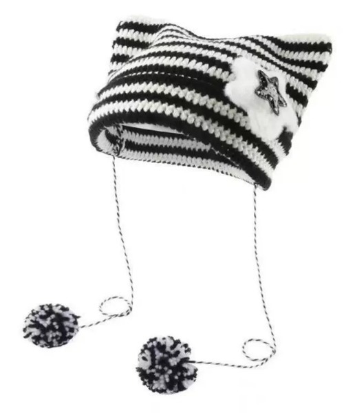 セール】星チャーム付きネコ耳ボーダーニット帽（5カラー）（ニット