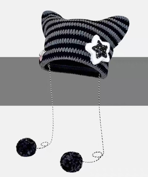 【新品・未使用品】CIRQUTURE 猫耳パール付きキャップ 黒 カラーオーダー⭐︎受注制作 】ぬい撮りに！ミニサイズ 猫耳風ニット帽