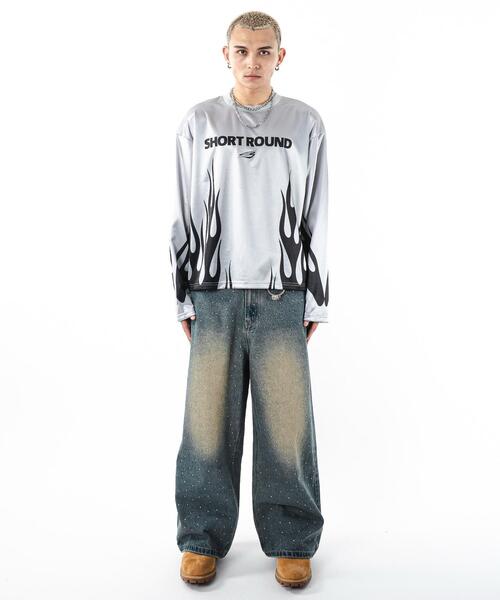 SHORT ROUND（ショートラウンド）の「SHORT ROUND/【25年秋冬新作】ファイヤーパターンゲームロゴロンT（Tシャツ/カットソー・メンズ・ブラック/グレー・MEDIUM/LARGE）」の11枚目の写真