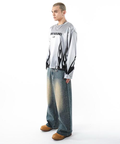 SHORT ROUND（ショートラウンド）の「SHORT ROUND/【25年秋冬新作】ファイヤーパターンゲームロゴロンT（Tシャツ/カットソー・メンズ・ブラック/グレー・MEDIUM/LARGE）」の12枚目の写真