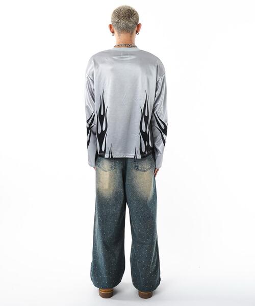 SHORT ROUND（ショートラウンド）の「SHORT ROUND/【25年秋冬新作】ファイヤーパターンゲームロゴロンT（Tシャツ/カットソー・メンズ・ブラック/グレー・MEDIUM/LARGE）」の13枚目の写真