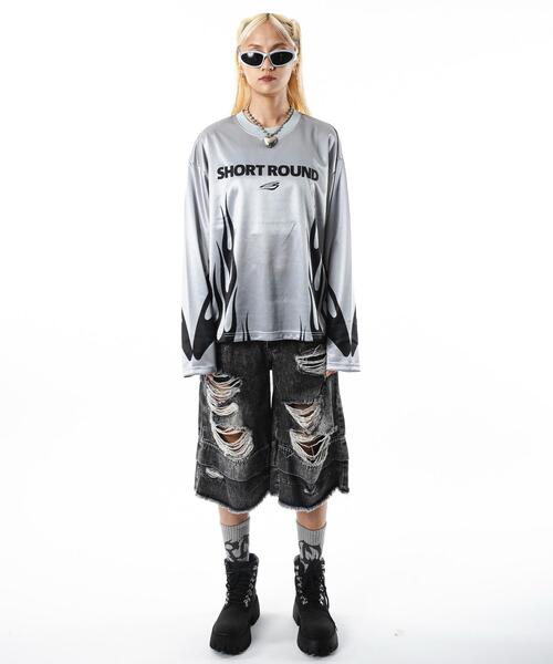 SHORT ROUND（ショートラウンド）の「SHORT ROUND/【25年秋冬新作】ファイヤーパターンゲームロゴロンT（Tシャツ/カットソー・メンズ・ブラック/グレー・MEDIUM/LARGE）」の15枚目の写真