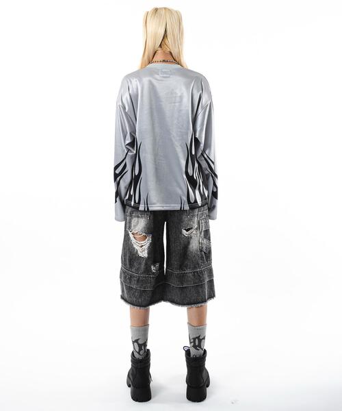 SHORT ROUND（ショートラウンド）の「SHORT ROUND/【25年秋冬新作】ファイヤーパターンゲームロゴロンT（Tシャツ/カットソー・メンズ・ブラック/グレー・MEDIUM/LARGE）」の17枚目の写真