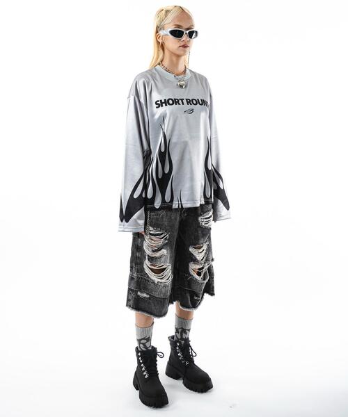 SHORT ROUND（ショートラウンド）の「SHORT ROUND/【25年秋冬新作】ファイヤーパターンゲームロゴロンT（Tシャツ/カットソー・メンズ・ブラック/グレー・MEDIUM/LARGE）」の18枚目の写真