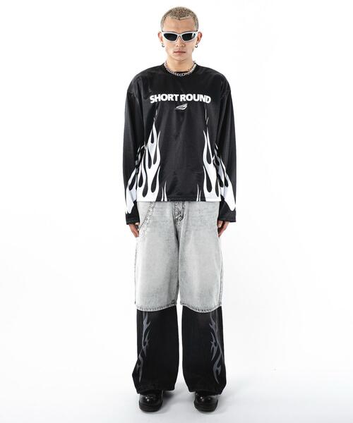 SHORT ROUND（ショートラウンド）の「SHORT ROUND/【25年秋冬新作】ファイヤーパターンゲームロゴロンT（Tシャツ/カットソー・メンズ・ブラック/グレー・MEDIUM/LARGE）」の3枚目の写真