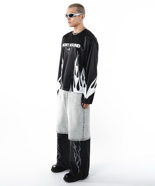 SHORT ROUND（ショートラウンド）の「SHORT ROUND/【25年秋冬新作】ファイヤーパターンゲームロゴロンT（Tシャツ/カットソー・メンズ・ブラック/グレー・MEDIUM/LARGE）」の4枚目の写真