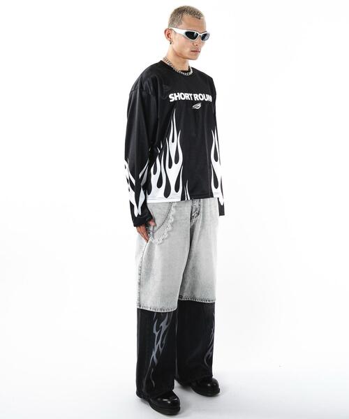 SHORT ROUND（ショートラウンド）の「SHORT ROUND/【25年秋冬新作】ファイヤーパターンゲームロゴロンT（Tシャツ/カットソー・メンズ・ブラック/グレー・MEDIUM/LARGE）」の6枚目の写真