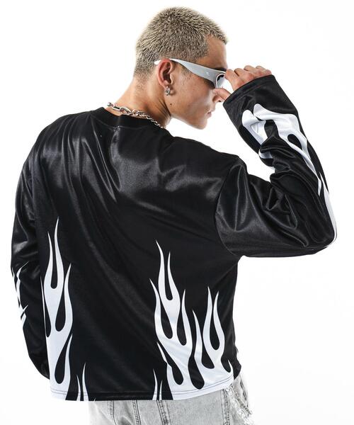 SHORT ROUND（ショートラウンド）の「SHORT ROUND/【25年秋冬新作】ファイヤーパターンゲームロゴロンT（Tシャツ/カットソー・メンズ・ブラック/グレー・MEDIUM/LARGE）」の21枚目の写真