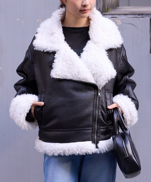 ヴィンテージライク ショート丈フェイクムートンジャケット MONO-MART