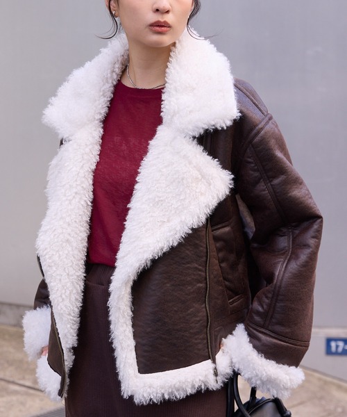 セール】ヴィンテージライク ショート丈フェイクムートンジャケット