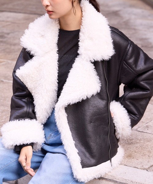 セール】ヴィンテージライク ショート丈フェイクムートンジャケット