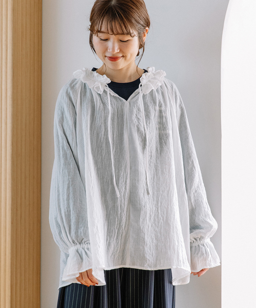 POU DOU DOU（プードゥドゥ）の「ダブルフリルカラーブラウス（シャツ/ブラウス・レディース・インディゴブルー/ブラック/オフホワイト・M）」の7枚目の写真