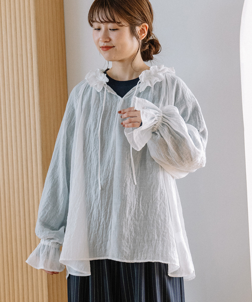 POU DOU DOU（プードゥドゥ）の「ダブルフリルカラーブラウス（シャツ/ブラウス・レディース・インディゴブルー/ブラック/オフホワイト・M）」の8枚目の写真