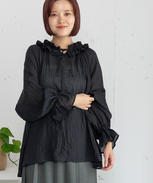 POU DOU DOU（プードゥドゥ）の「ダブルフリルカラーブラウス（シャツ/ブラウス・レディース・インディゴブルー/ブラック/オフホワイト・M）」の19枚目の写真