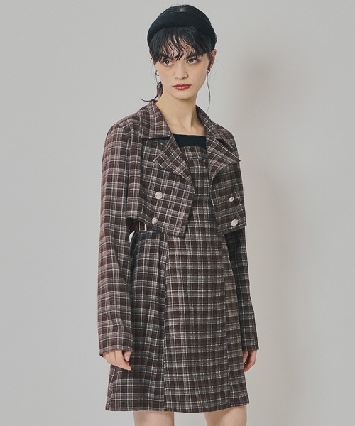REDYAZEL（レディアゼル）の「チェックショートジャケット×Wベルトワンピースセットアップ（セットアップ・レディース・ブラウン/ネイビー/ブラック・FREE）」の3枚目の写真