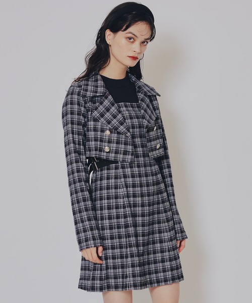 REDYAZEL（レディアゼル）の「チェックショートジャケット×Wベルトワンピースセットアップ（セットアップ・レディース・ブラウン/ネイビー/ブラック・FREE）」の2枚目の写真