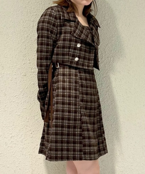 REDYAZEL（レディアゼル）の「チェックショートジャケット×Wベルトワンピースセットアップ（セットアップ・レディース・ブラウン/ネイビー/ブラック・FREE）」の12枚目の写真