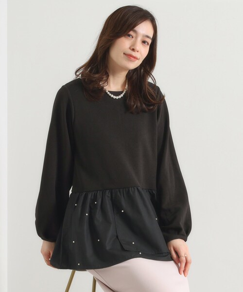 ITS'DEMO（イッツデモ）の「【手洗い可】異素材切替リップルプルオーバー（Tシャツ/カットソー・レディース・ライトグレー/ブラック/ライトベージュ・00）」の2枚目の写真