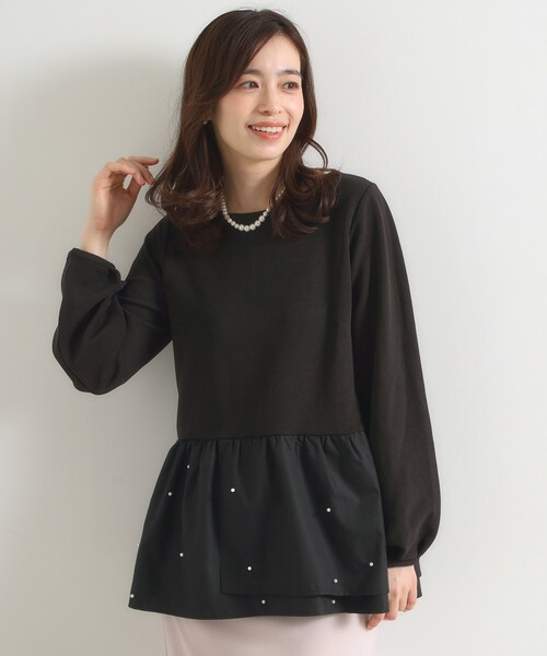 ITS'DEMO（イッツデモ）の「【手洗い可】異素材切替リップルプルオーバー（Tシャツ/カットソー・レディース・ライトグレー/ブラック/ライトベージュ・00）」の4枚目の写真