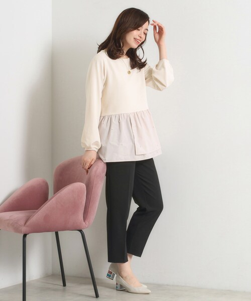 ITS'DEMO（イッツデモ）の「【手洗い可】異素材切替リップルプルオーバー（Tシャツ/カットソー・レディース・ライトグレー/ブラック/ライトベージュ・00）」の6枚目の写真