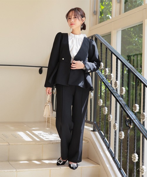 Petitle（プチレ）の「[ セレモニー ] [ 低身長向けサイズ ] 3点セット ペプラムジャケット × ボウタイブラウス × ワイドパンツ（スーツセット・レディース・ネイビー/ブラック・PL/PM/PS）」の22枚目の写真