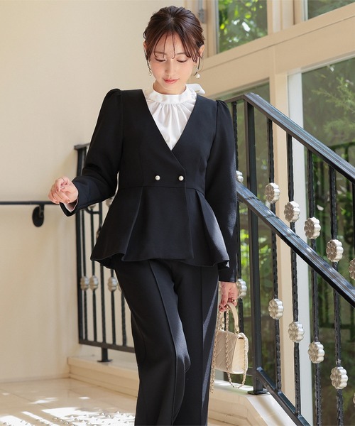 美品　ミラオーウェン　ペプラム　3点セットアップ　紺　M フォーマル ボウタイ Mila Owen - 美品 ミラオーウェン ペプラム 3点セットアップ 紺 M