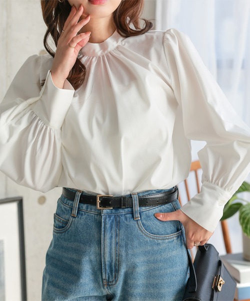 Petitle（プチレ）の「[ セレモニー ] [ 低身長向けサイズ ] 3点セット ペプラムジャケット × ボウタイブラウス × ワイドパンツ（スーツセット・レディース・ネイビー/ブラック・PL/PM/PS）」の4枚目の写真