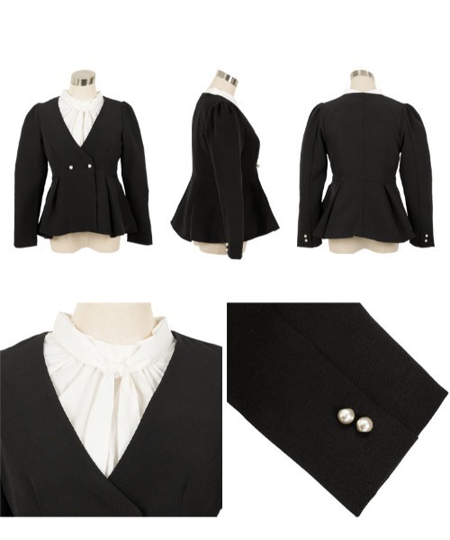 Petitle（プチレ）の「[ セレモニー ] [ 低身長向けサイズ ] 3点セット ペプラムジャケット × ボウタイブラウス × ワイドパンツ（スーツセット・レディース・ネイビー/ブラック・PL/PM/PS）」の11枚目の写真