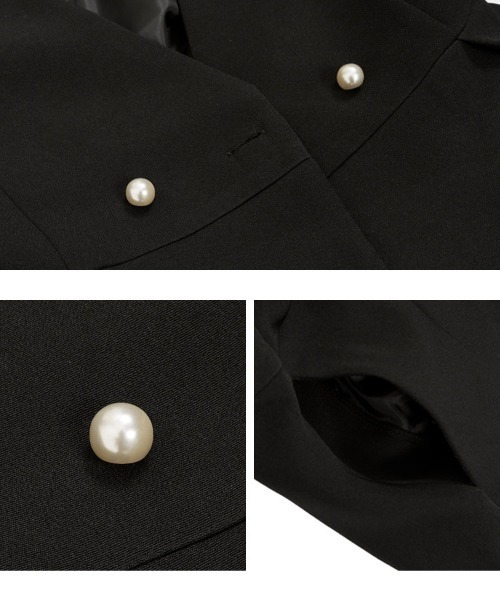 Petitle（プチレ）の「[ セレモニー ] [ 低身長向けサイズ ] 3点セット ペプラムジャケット × ボウタイブラウス × ワイドパンツ（スーツセット・レディース・ネイビー/ブラック・PL/PM/PS）」の12枚目の写真