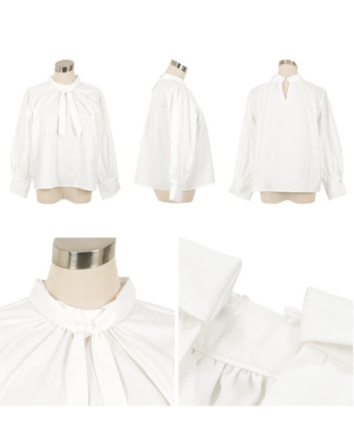 Petitle（プチレ）の「[ セレモニー ] [ 低身長向けサイズ ] 3点セット ペプラムジャケット × ボウタイブラウス × ワイドパンツ（スーツセット・レディース・ネイビー/ブラック・PL/PM/PS）」の14枚目の写真